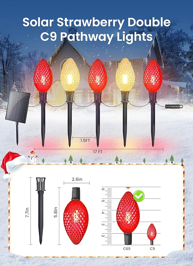 Minetom Solar Double C9 Strawberry Christmas Pathway Lights Outdoor -16FT 10 LED C9 Christmas Lights Outdoor with Timer,8 Modes,Solar Christmas Outdoor Decorations for Lawn Outside, Red & Warm White