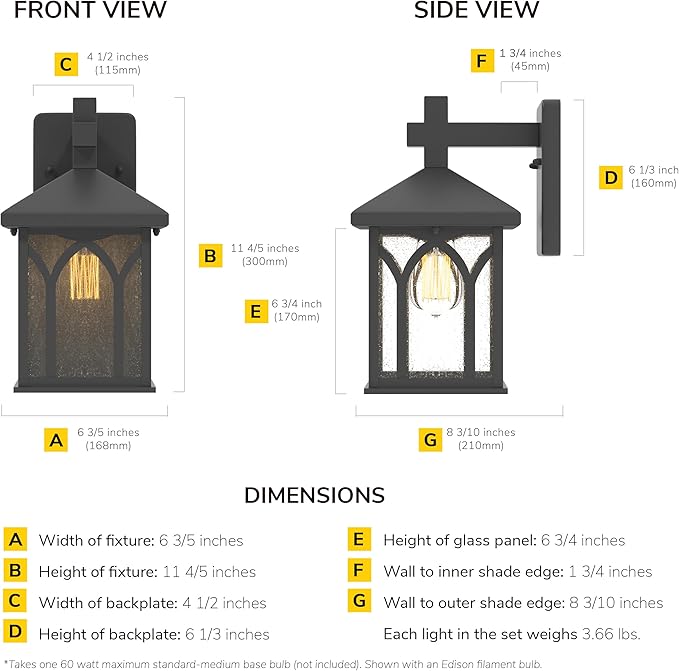 Inlight 11 4/5" High Black Finish and Seeded Glass Outdoor Wall Lantern (Set of 2), Bulb Not Included, IN-0603-1-BK