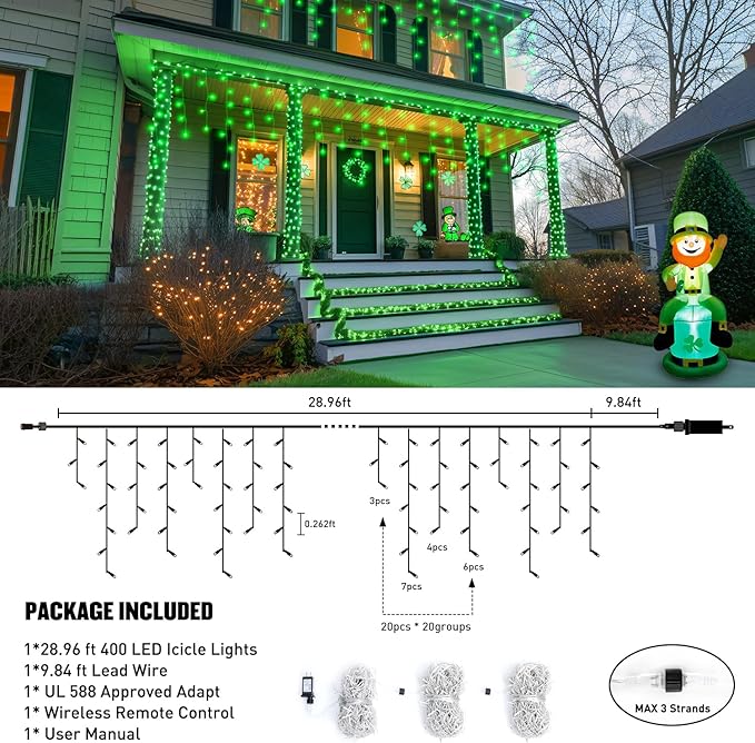 JMEXSUSS 400 LED 38.8F Green Icicle Lights for St Patricks Day Decorations, Green Christmas Lights Indoor Outdoor, Green String Icicle Lights for House Fireplace Party Yard Decoration