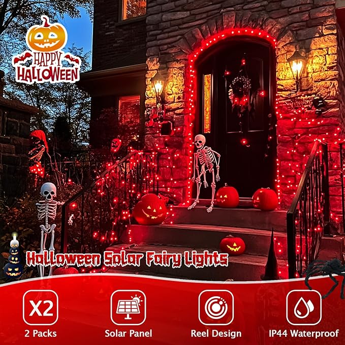 JMEXSUSS 66ft 200 LED Red Solar Halloween Lights, 2 Pack Solar Fairy Lights Outdoor Waterproof, 8 Modes Solar String Lights for Outside Garden Christmas Tree Party Halloween Decorations