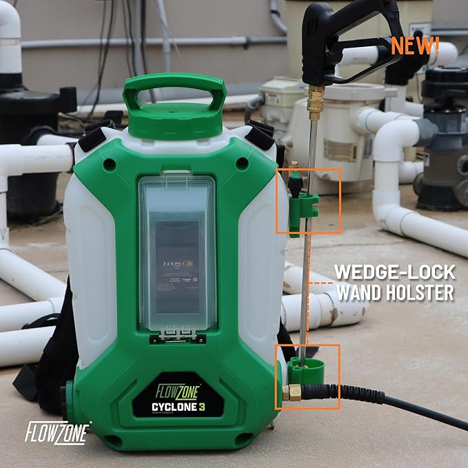 FlowZone Cyclone 3 Battery Powered Backpack Sprayer - Variable-Pressure 5-Position Electric Sprayer Compatible with FlowZone, De-Walt, Milwaukee, Makita, & Bosch Batteries (Battery Not Included)