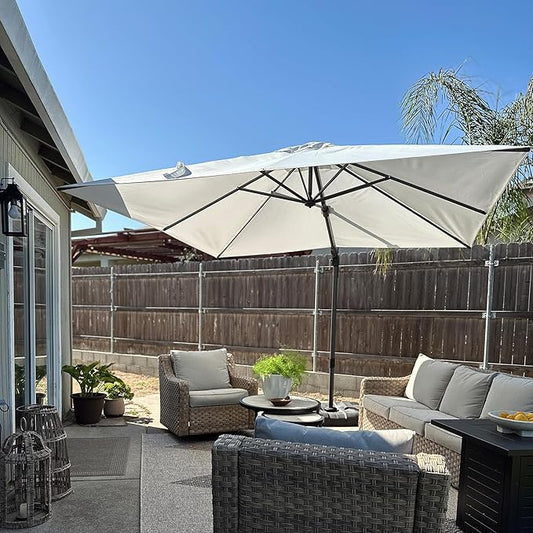 PURPLE LEAF 9.8' X 9.8' Patio Umbrella with Base Outdoor Cantilever Swivel Square Umbrella with Tilt Aluminum Offset Umbrella with 360-degree Rotation for Garden Deck Pool Patio White