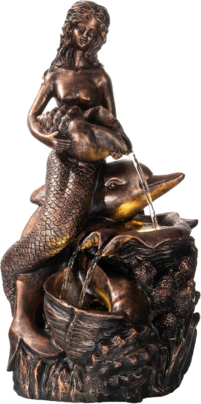 TERESA'S COLLECTIONS Mermaid Water Fountains Outdoor with LED Light Auto Slient Pump, Large Water Features for Yards Patio Garden Balcony Porch, Mermaid Garden Gifts for Mom, 21"