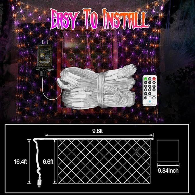 JXLEDAYY 200 LED Halloween Net Lights Outdoor Waterproof 3M*2M Mesh Lights Fairy String Lights Plug in with Timer 8 Modes for Bush Window Fence Garden Yard Roof Wall Decor-Purple and Orange