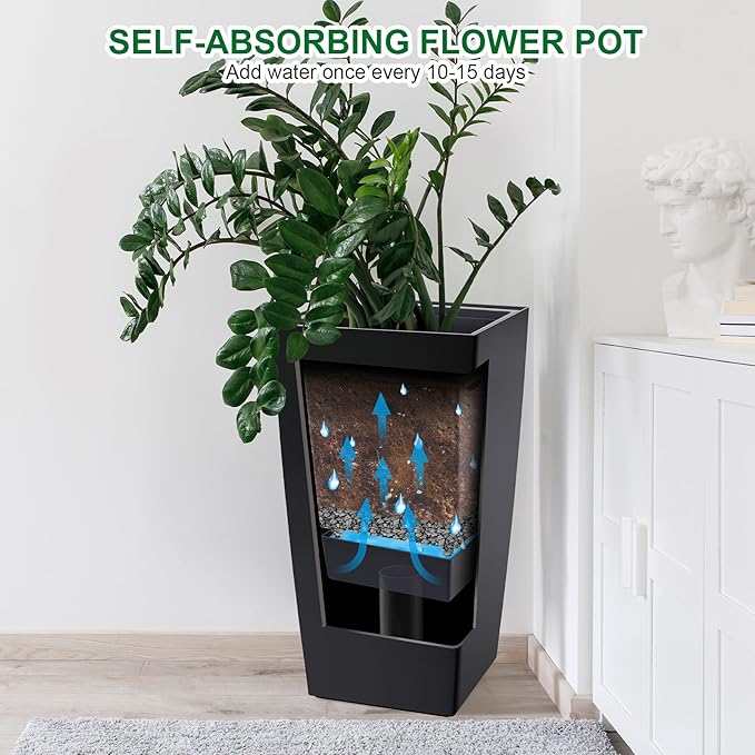 30" Tall Planters Set of 2, Outdoor＆Indoor Black Planter Pots, High Front Porch Planter Pots with Drainage Holes＆Water Level Monitor Movable Wheels ＆Inner Bucket, Automatic Watering,Black