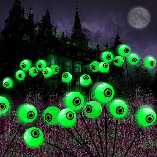 Halloween Decorations Outdoor Lights - 4 Pack 32LED Solar Halloween Scary Eyeball Pathway Lights Swaying by Wind, Waterproof Solar Halloween Stake Lights for Garden Porch Lawn Pathway (Green)
