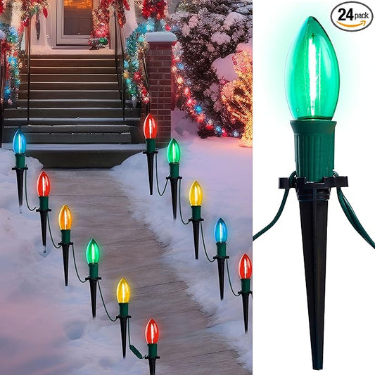 Joiedomi 30.75FT C9 Christmas Pathway Stake Lights, 24 LED Jumbo Bulbs Outdoor Walkway Green Wire Connectable Multicolor Decor for Holiday Commercial Xmas Yard Garden Lawn