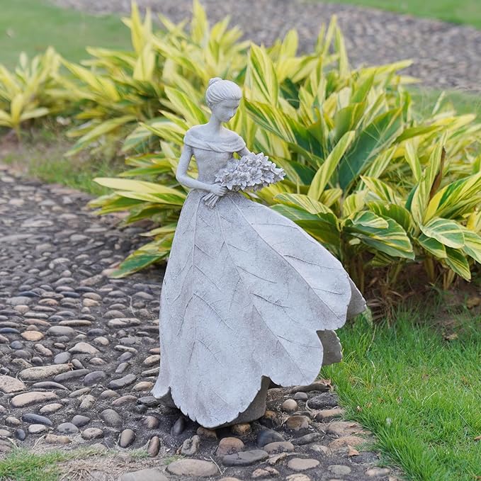 Guichifun Fairy Statue Collection Home Decoration - Grey Leaf Angel Girls Resin Home Decor for Outside or Inside Rustic Garden Outdoor Yard Decorations Figurines Gift 14.25 x 9 x 20.25 Inch
