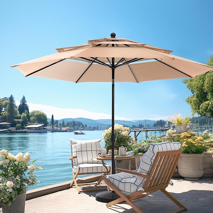 PHI VILLA 10ft Patio Umbrellas, Outdoor 3 Tier Vented Large Market Table Umbrella with 8 Sturdy Ribs and 1.5" Umbrellla Pole for Lawn Poolside Garden Terrace, Beige(No Base)