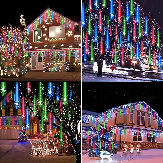 Meteor Shower Lights Outdoor Christmas Lights 24-Tube 576LEDs Snow Falling Rain Cascading Icicle Light for Christmas Tree Decorations Wedding Party Holiday Garden Decor, UL Plug Multi Color