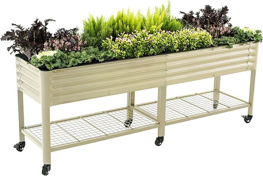 Rolling Elevated Raised Garden Bed-V Series, 2' x 8' Garden Beds with Legs & Storage Rack for Patio & Porch, 1400 Lbs Weight Capacity, Outdoor Planter Box for Vegetables Flower Herbs, Pearl White