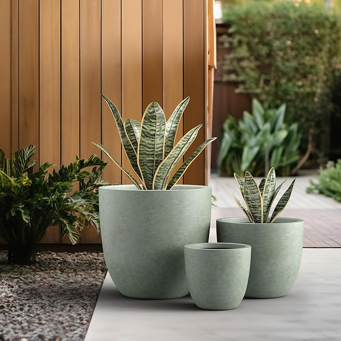 Kante 18",14",10" Dia Concrete Round Planters (Set of 3), Outdoor Indoor Large Planter Pots with Drainage Hole and Rubber Plug for Home Patio Garden, Mint Green