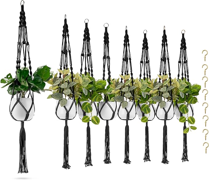 Sorbus Macrame Plant Hanger (8 Pack) Indoor Outdoor Hanging Plant Pots Cotton Rope, Elegant for Home, Patio, Garden (Black)