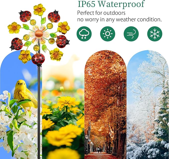 Solar Wind Spinners Outdoorsfor Yard and Garden - 40 Inch Metal Wind Sculpture, Outdoor Kinetic Windmill with Multi-Color Led Lights for Patio, Lawn & Garden Decoration (Beetle)