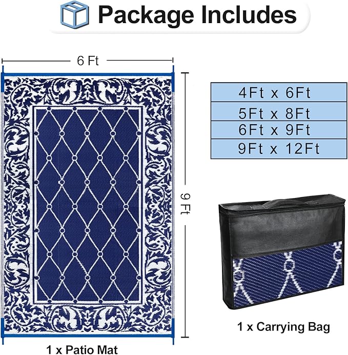 OutdoorLines Indoor Outdoor Rug for Patio 6x9 ft - Reversible Outside Carpet, Stain & UV Resistant Portable RV Mat, Plastic Straw Rug for Camping, Pool Deck, Porch Rhombus Navy & White