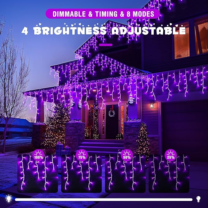 JMEXSUSS 800 LED Purple Icicle Lights Outdoor, Purple Icicle Christmas Lights Indoor Plug in with Remote, Purple Christmas Lights for Outside Fireplace Eave Yard Christmas Decor