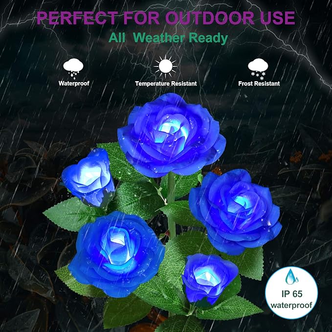 Solar Flower Lights Outdoor - Upgraded New Material Two Modes Realistic LED Solar Powered Waterproof Lights with 5 Roses, Solar Decorative Stake Lights for Garden (Blue, 1 Pack)