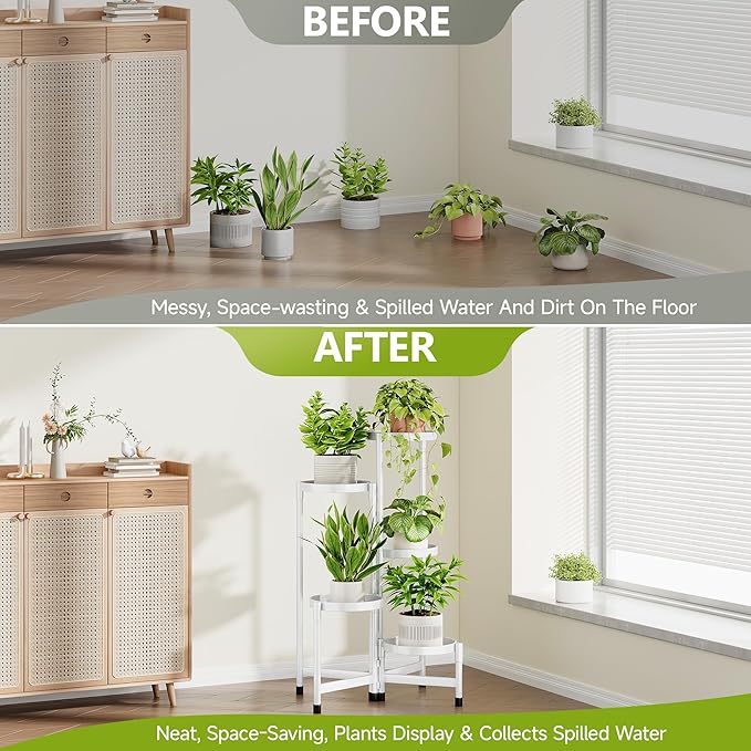 5 Tier Metal Plant Stand Indoor, Rotatable Corner Plant Shelf Outdoor, Tiered Flower Pot Display Stand, Black Multiple Plants Holder for Patio Living Room Balcony Garden Home Decor - White