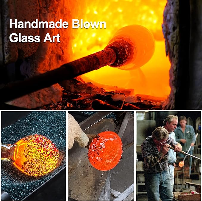 LUJII Hand Blown Glass Hummingbird Feeder for Outdoors with Ant Moat, Leak Proof & Rustproof,36 fl.oz, Metal Base Cover with 5 Feeding Ports & 5 Perches, Glass Art for Garden Decor (Blue Mixed Yellow)