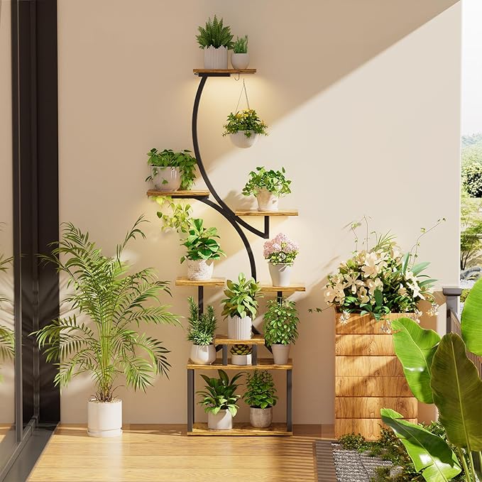 Simple Trending Plant Stand Indoor with Grow Lights, Heavy Duty 8 Tier Tall Plant Shelf for Plants Multiple, Metal Wood Plant Shelves Plant Display Holder for Garden, Black