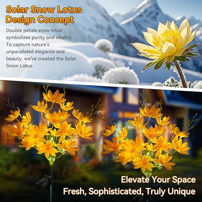 Neporal Solar Flowers Outdoor Waterproof IP65, 5-Head Snow Lotus with 20+ Flowers, Warm LED Light & 2 Lighting Modes, Decorative Solar Lights Outdoor Garden, Yard, Pathway, Flower Bed (4-Pack, Yellow)