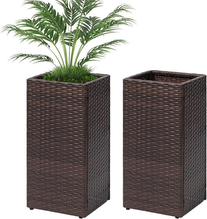 LEWIS&WAYNE Set of 2 Tall Planters for Outdoor Plants Handmade 24'' Wicker Tall Square Planter Box with Removable Liners Modern Planter for Indoor Outdoor Garden Patio Front Porch - Brown