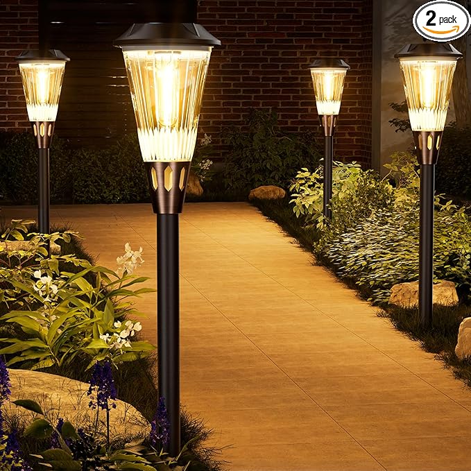2-in-1 Warm&Cool Solar Pathway Lights Outdoor, 2 Pack Solar Garden Lights Waterproof IP65, Auto On/Off Outdoor Light for Yard Garden Walkway Landscape Lighting