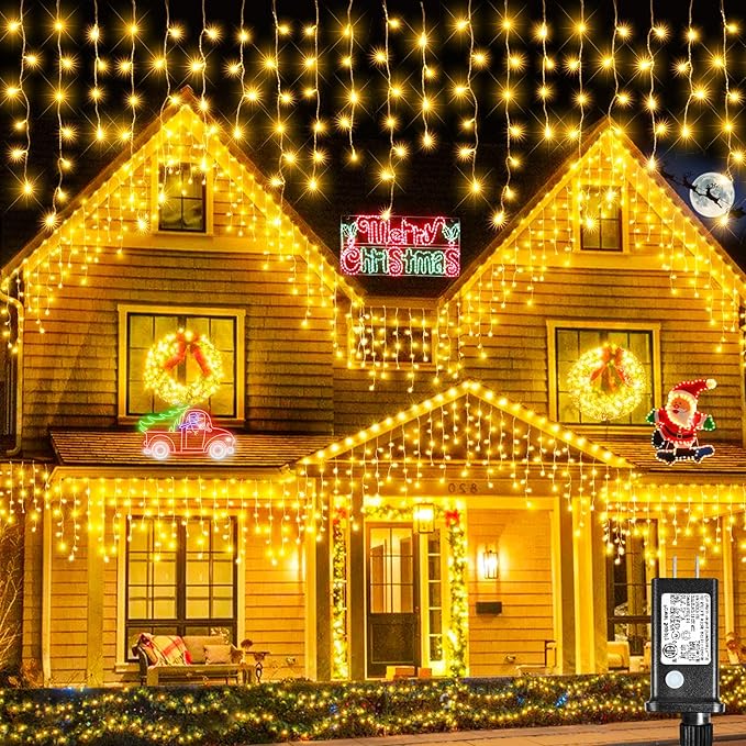 Christmas Icicle Lights Outdoor, 640 LED 66FT Icicle Lights for Outside with 8 Modes Timers, Waterproof Plug in Connectable Christmas Light for House Yard Patio Eave Wedding Decorations, Warm White