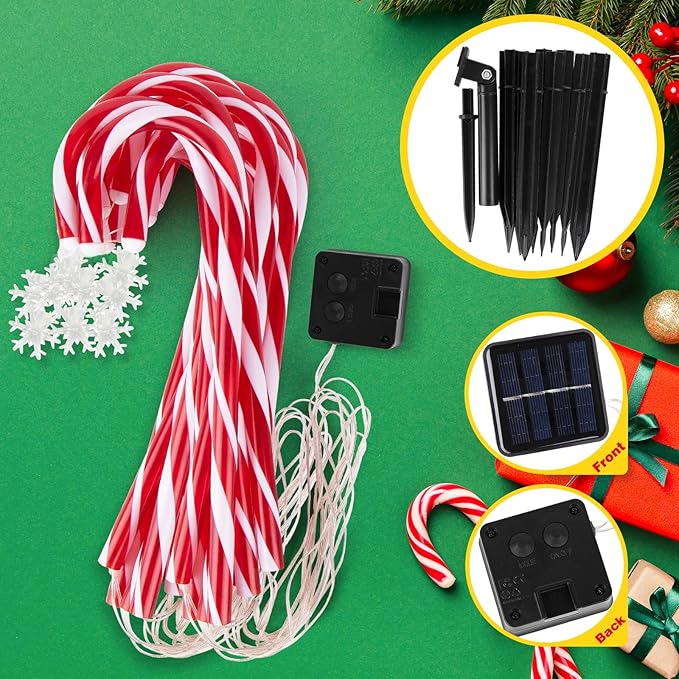 12Pack Christmas Candy Cane Lights Outdoor Decorations Solar Pathway Lights with Snowflake for Yard Waterproof Street Driveway Markers Lawn Walkway Garden Indoor Decor 2in1 Solar Powered