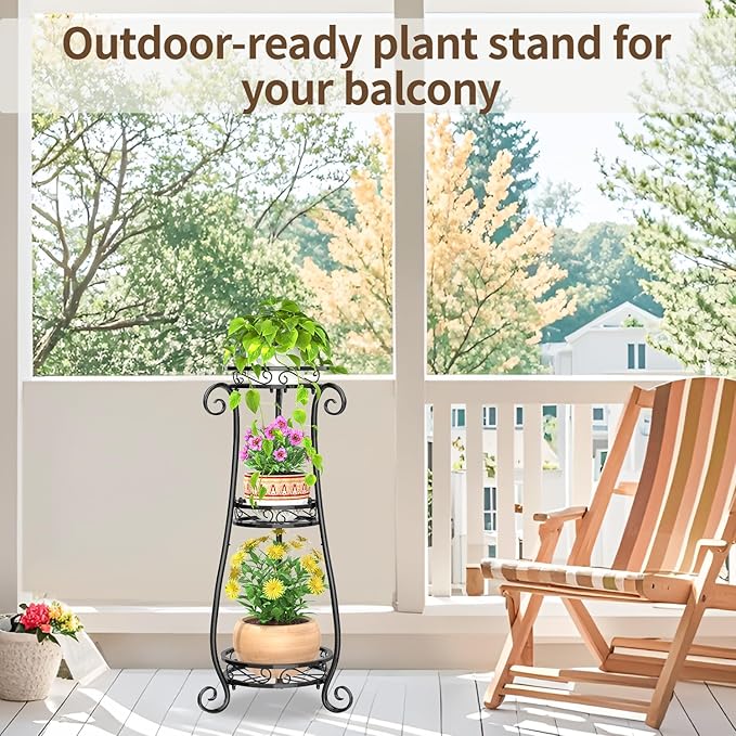 LASZOLA 3 Tier Black Metal Plant Stand for Multiple Large Planters Indoor Outdoor Organizer, Heavy Duty Tall Flower Stand for Corner Patio Bathroom Office, Modern Sturdy Vertical Iron Rack, Cat Proof