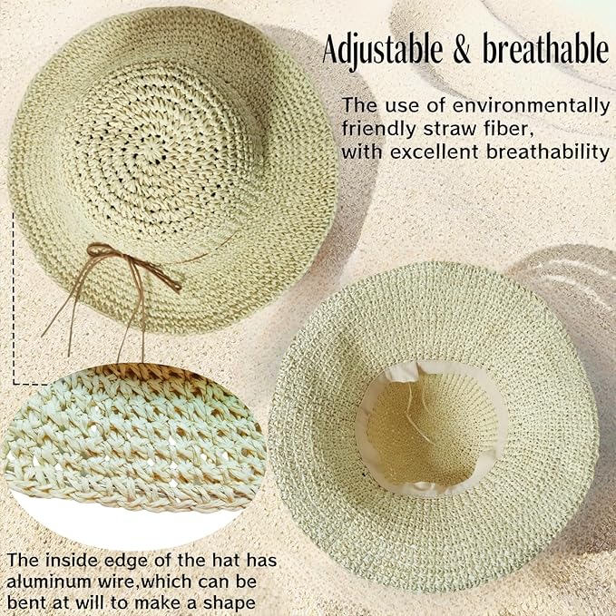 Womens Straw Beach Sun Hats, Foldable Packable Floppy Handmade Crochet Hats for Women,Large Summer Vacation Wide Brim Hat