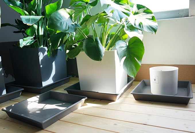 Square Plant Saucer 14 Inch 2 Pack，Plant Stand Plant Trays for Pots Heavy Duty Gray Plastic Plant Saucers for Indoors Outdoors, Flower Pot No Holes Plant Lover Gardening Gifts