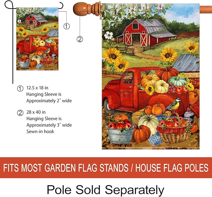 Morigins Autumn Harvest Farm Truck Fall Pumpkin Garden Decorations Double Sided Farmhouse Outdoor House Flag 28 x 40 Inch