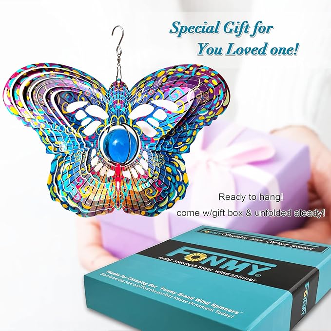 FONMY Mandala Wind Spinner w/Crystal Ball-Butterfly 3D Stainless Steel Hanging Spinners Worth Gift Christmas Decoration Indoor/Outdoor Garden Décor Kinetic Yard Art 12 Inches Wind Sculpture