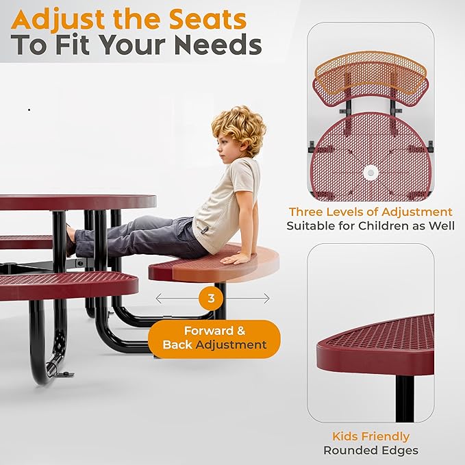 Metal Picnic Tables for Kids for Outdoors with Umbrella Hole - Coated Steel Heavy Duty Commercial Grade Table with Adjustable Seats (Red, 38 in, Kids, Expanded Steel)