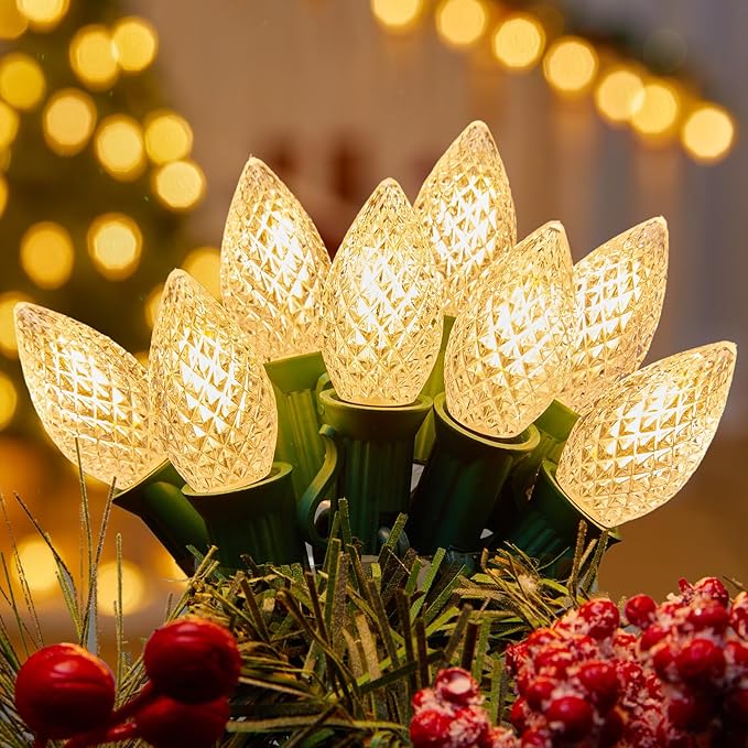 C7 LED Lights Warm White Christmas Lights Outdoor, 100FT C7 Christmas String Lights with 100 Plastic Bulbs, Traditional Hanging Holiday Lights for Christmas Tree Patio Fence Roofline Xmas Decorations