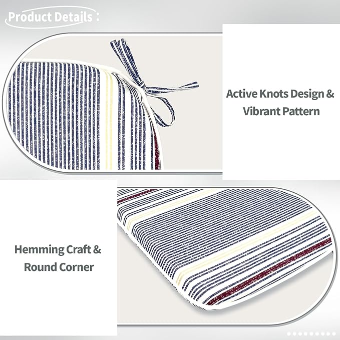 Indoor/Outdoor Chair Cushions 16x17 Inch, Patio Chair Cushions with Ties, All Weather Seat Cushions for Patio Furniture Home Garden Chair Use, Set of 2, Stripe Denim Blue