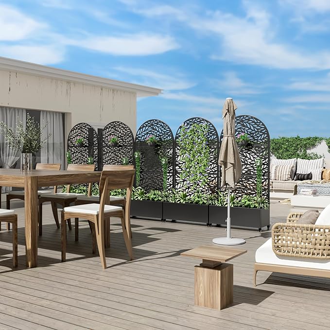 Casaphoria Metal Raised Garden Bed with Trellis and Wheels, 72"x35"x16" Planter Box for Climbing Plants, Vegetables & Vines, Features Drainage Holes and Privacy Screen (Black-Spring)