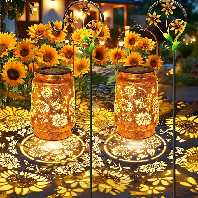 2 Pack Solar Lanterns Outdoor Garden Decor with Shepherd Hook, Gardening Gifts for Mom Grandma Women Sunflower Metal Decor Lantern Waterproof Solar Lights LED Decorative for Garden Yard Patio