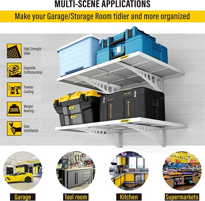 2-Pack 2x3ft Adjustable Garage Wall Shelving 560lbs Load Capacity Heavy Duty Wall Mounted Storage Shelf Metal Floating Shelves for Garage(White)