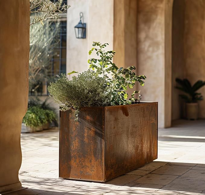 DIY CARTEL Corten Steel Rectangular Outdoor Planter Box, Rustic & Modern Farmhouse Design, Large Raised Metal Garden Bed for Commercial & Residential Use (48in x 10in x 16in)