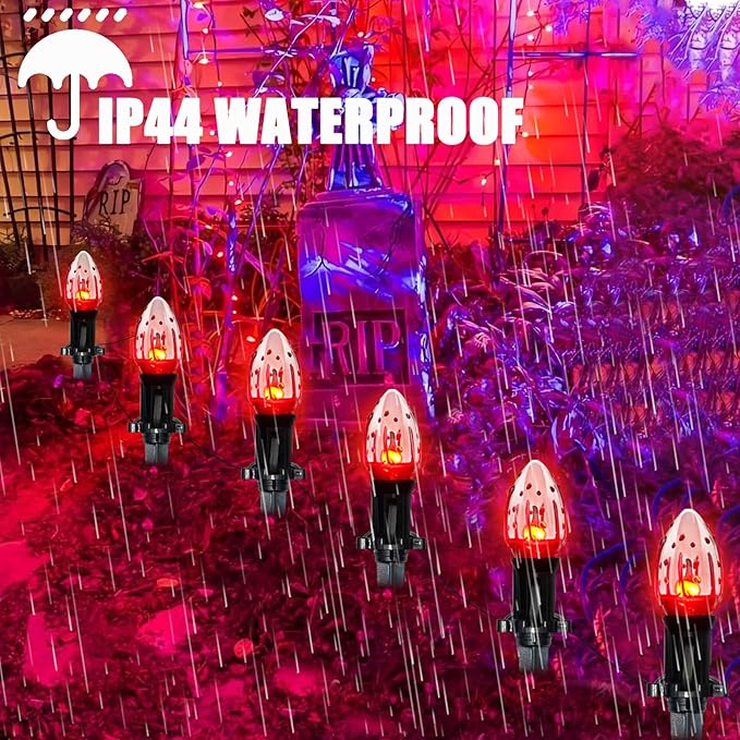 C9 Halloween Pathway Lights Outdoor, 38Ft Halloween Blood Teardrop Pathway String Lights with 25 C9 Flicker Flame Lights, Halloween Decoration Walkway Lights for Outdoor Pathways Gardens and Yards