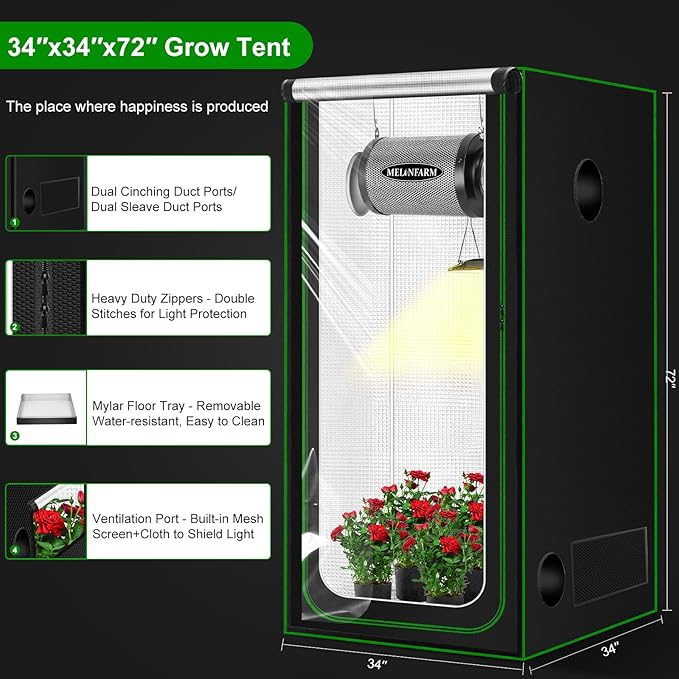 MELONFARM 3x3 Grow Tent, 34"x34"x72" Grow Tent, Double Transparent Viewing Door Indoor Grow Tent, Growing Tent with High Reflective Mylar & Floor Tray, Plant Tent for Indoor Hydroponics Growing