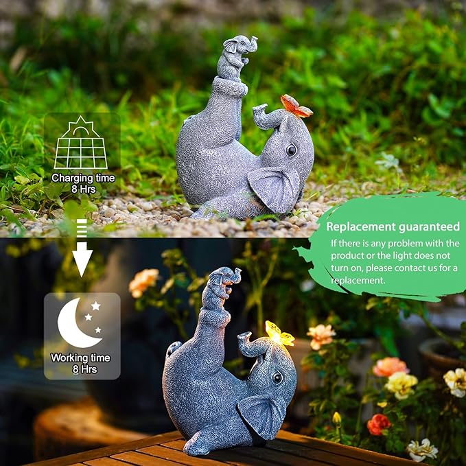 Mommy & Baby Elephant Garden Statue with Solar Butterfly Lights - Perfect Elephant Decor & Ornament for Women, Housewarming Gifts and as Garden Decorations