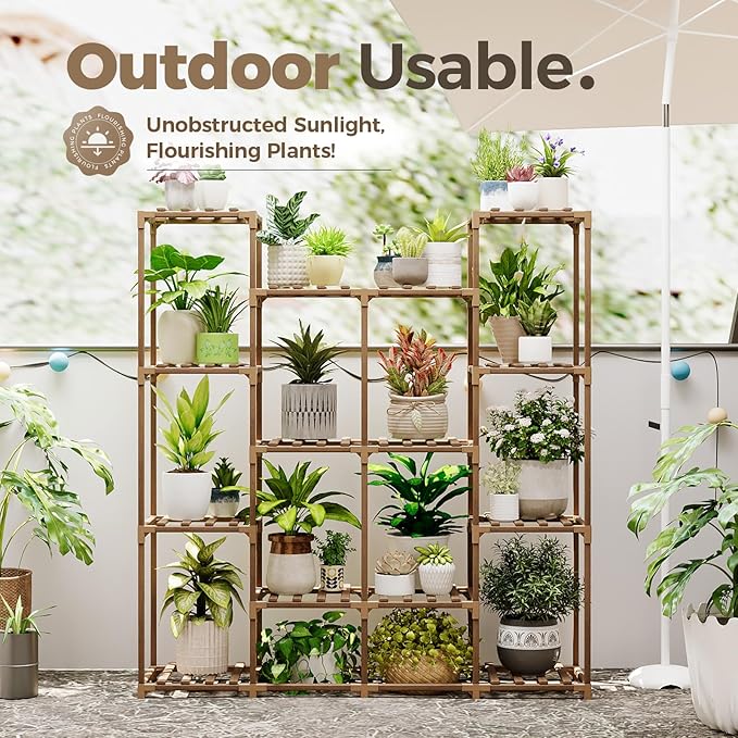 Bamworld Plant Stand Indoor Large Plant Shelf Tall Flower Stands 14 Pots Outdoor Plant Rack for Garden Balcony Patio Window Living Room Corner Wood