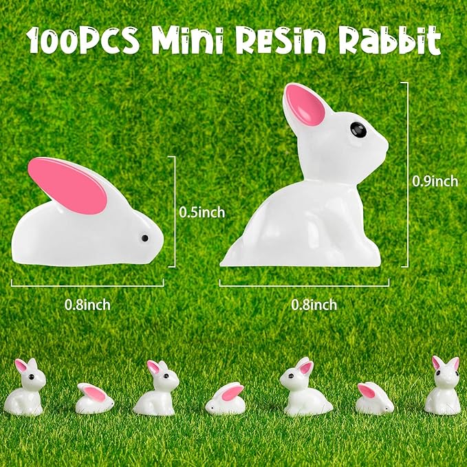 Miniature Rabbit Figurines, 100Pcs Mini Resin Bunny Animals Toy, Miniature Rabbit for Landscape Ornaments Miniature Garden Decor Potted Plant,Cake Topper Decoration