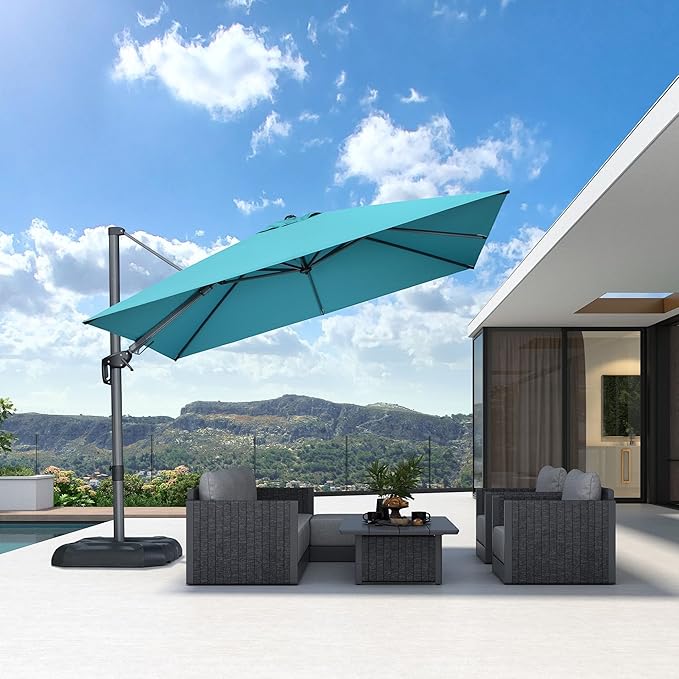 PURPLE LEAF 9.8' X 9.8' Tilting Patio Umbrella with Base Outdoor Cantilever Swivel Square Umbrella with Tilt Aluminum Offset Umbrella with 360-degree Rotation for Garden Deck Pool Patio Turquoise Blue