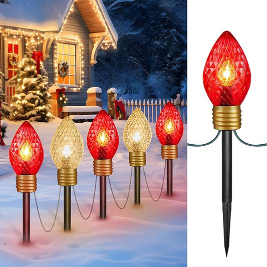 Moonflor Strawberry Jumbo C9 Christmas Pathway Lights Outdoor - 8.5FT 5 LED C9 Walkway Lights Outdoor, Christmas Decoration Outside, Christmas Lights Outdoor for Lawn Holiday Yard, Red & Warm White