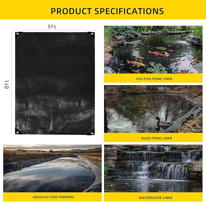 TEZONG Pond Liner,5x8Ft Pond Liners for Outdoor,28Mil PE Black Koi Fish Pond Liners,Reinforced Pond Underlayment for Water Garden,Waterfall,Fountain