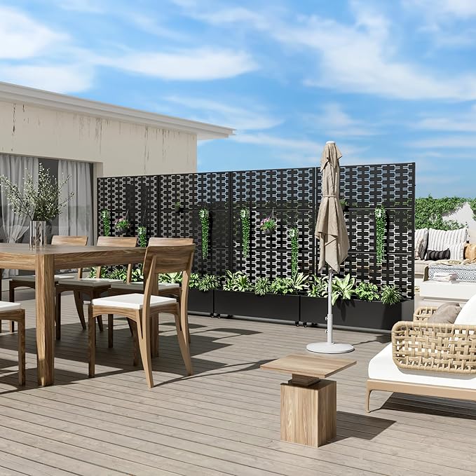 Casaphoria Metal Raised Garden Bed with Trellis and Wheels, 47"x47"x16" Planter Box for Climbing Plants, Vegetables & Vines, Features Drainage Holes and Privacy Screen, Black-Square